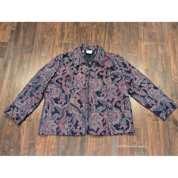 Vintage Paisley Tapestry Jacket Womens L Petite Navy Zip Textured Long Sleeve - Picture 1 of 10